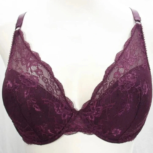 Apt. 9 Intimates Lace Overlay Contour Cup Underwire Bra Deep Burgundy Excell - Picture 2 of 5